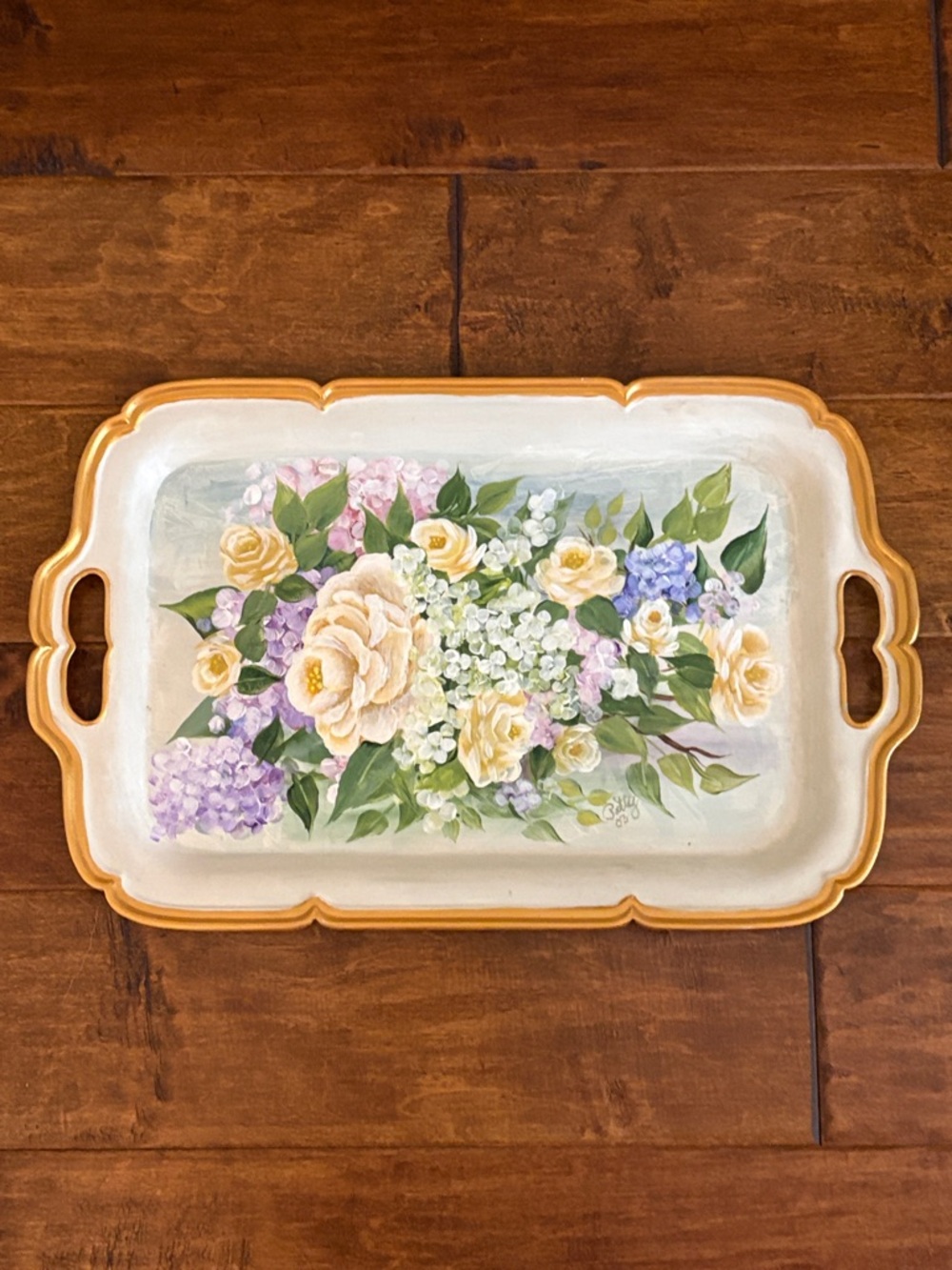 Hand-Painted Floral Serving Tray in Yellow, Purple, Green